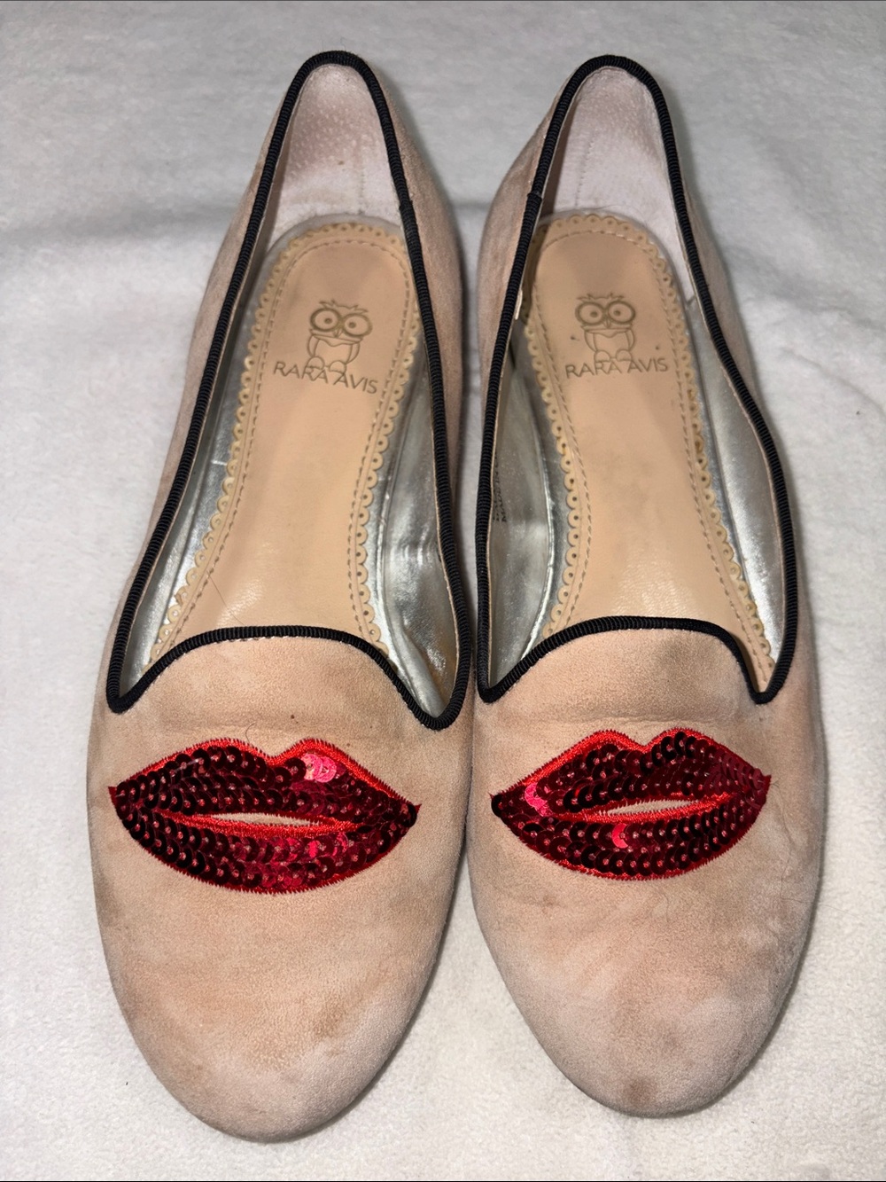 Rara Avis Beige Suede Leather Sequin Lips Smoking Loafers Flats 7M